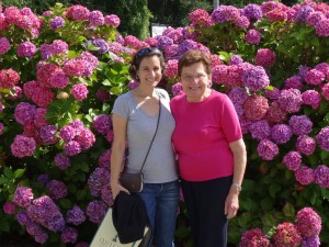 Mary, our B&B host, in front of her beautiful hydrangea 