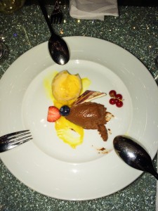 Not soup, but a delicious dessert in Galway with mango sorbet, passionfruit, and chocolate