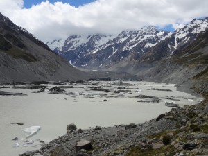 Hooker glacier and glacier pieces floating in the lake