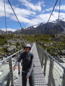 Nicole on a swing bridge at Hooker Valley