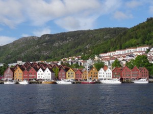 View of Bryggen Quay from across the water.  The 11 houses on the right are original and are all slightly tilted from settling.