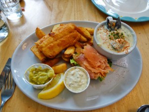 Shared lunch platter in Dingle consisting of fish & chips, seafood chowder, and smoked salmon.  Delicious!