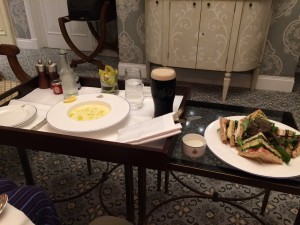 Potato soup (with a lot of cream) and chicken and avocado sandwich - Room service at Ashford Castle