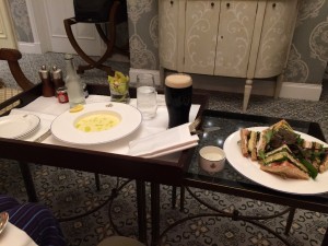 Potato soup (with a lot of cream) and chicken and avocado sandwich - Room service at Ashford Castle
